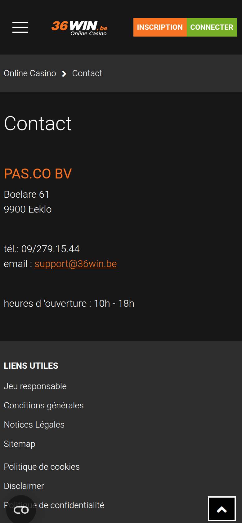Page Contact de 36WIN sur téléphone : adresse de PAS.CO à Eeklo, téléphone, e-mail et heures d'ouverture