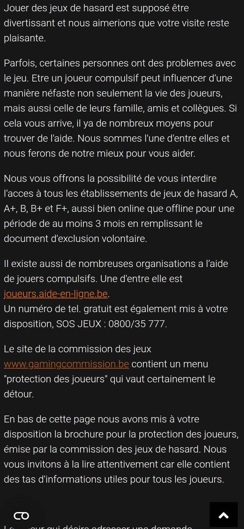 Page Jeu responsable de 36WIN sur téléphone : exclusion volontaire, joueurs.aide-en-ligne.be et ligne SOS Jeux