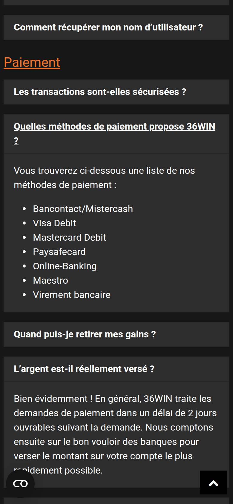 FAQ de 36WIN sur téléphone : liste des méthodes de paiement et délai de traitement de 2 jours ouvrables