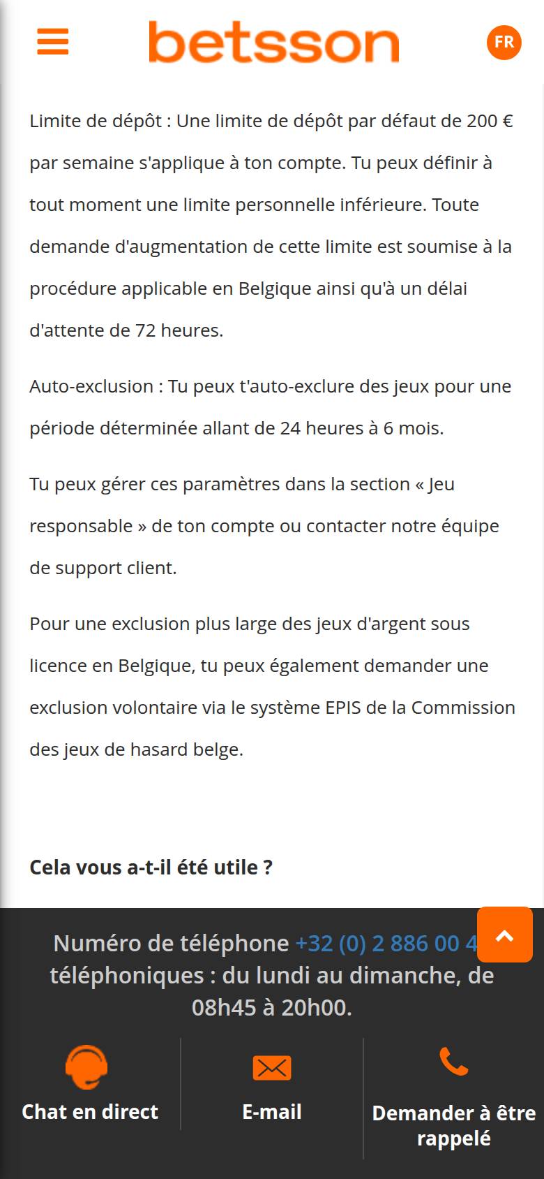 Centre d'aide Betsson sur téléphone : limite de dépôt de 200 euros par semaine, auto-exclusion de 24 heures à 6 mois et renvoi vers EPIS