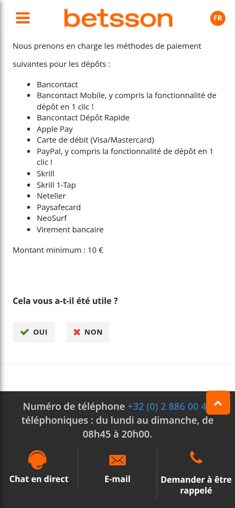 Centre d'aide Betsson sur téléphone : liste des méthodes de dépôt, de Bancontact au virement bancaire, et minimum de 10 euros
