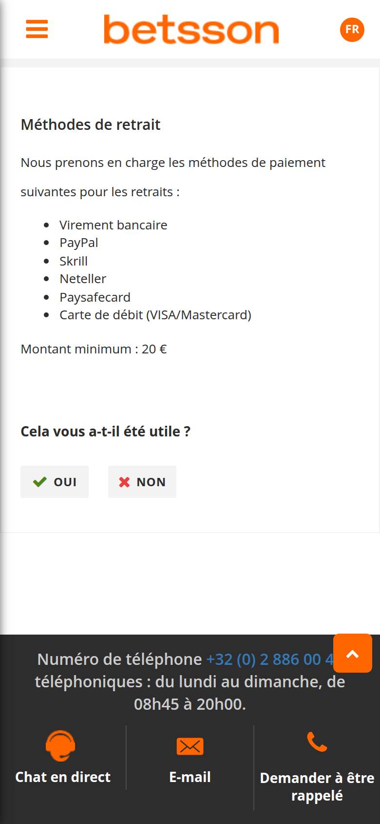 Centre d'aide Betsson sur téléphone : méthodes de retrait, du virement bancaire à la carte de débit, et montant minimum de 20 euros