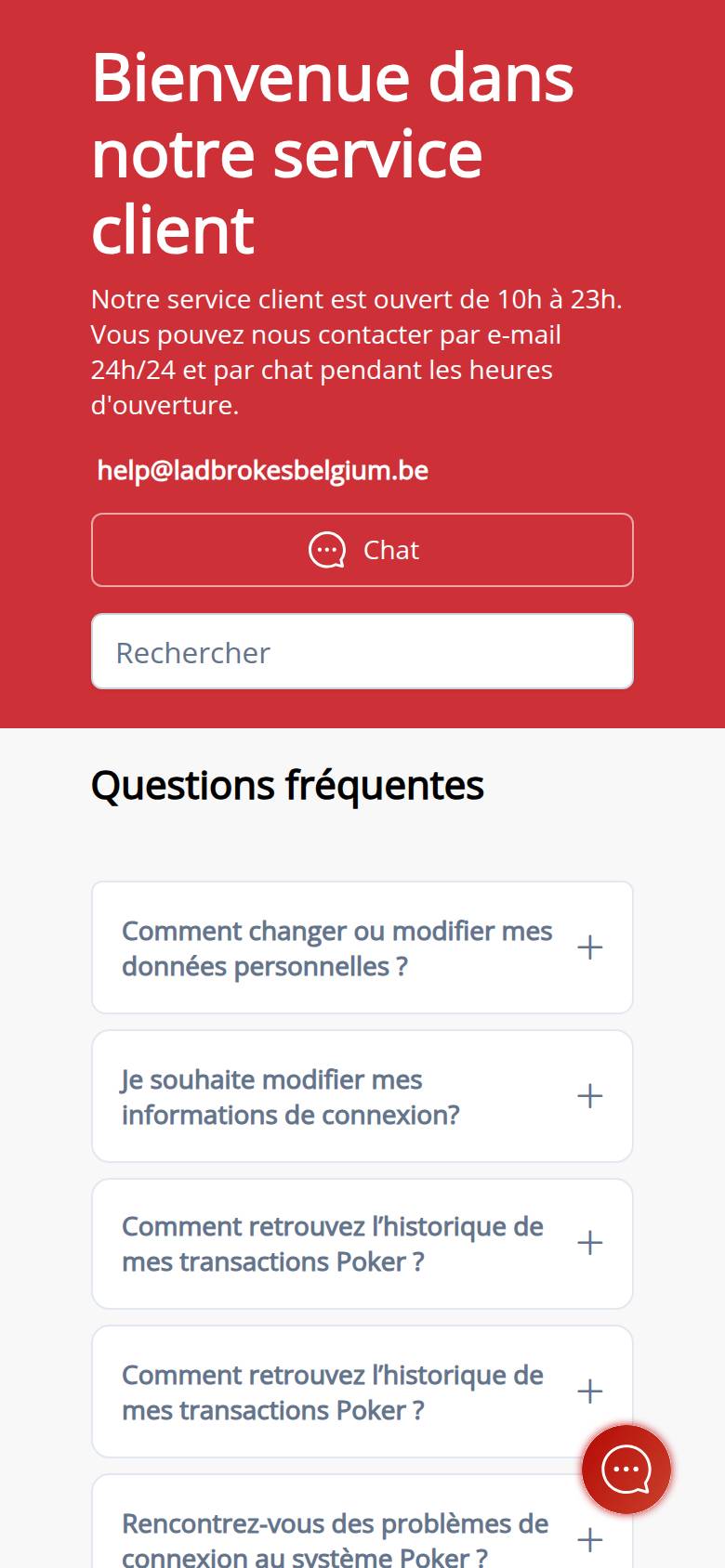 Page d'accueil du centre d'aide de Ladbrokes Casino sur téléphone : service client ouvert de 10 h à 23 h, e-mail 24 heures sur 24, bouton de chat