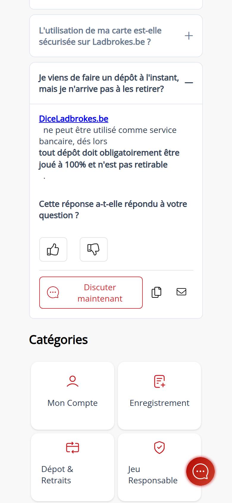 Centre d'aide de Ladbrokes Dice sur téléphone : réponse indiquant que tout dépôt doit obligatoirement être joué à 100 pour cent et n'est pas retirable