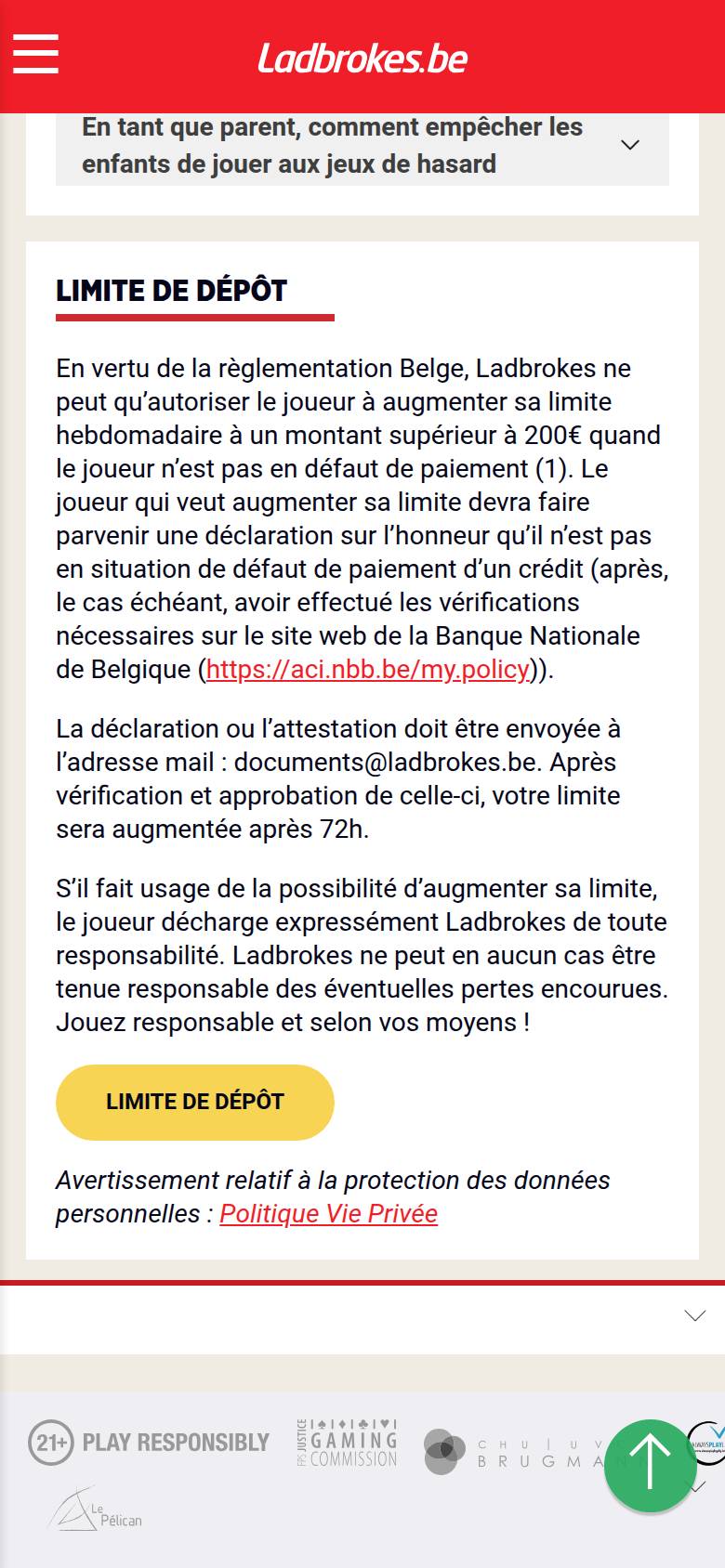 Page jeu responsable de Ladbrokes Dice sur téléphone : section Limite de dépôt expliquant le relèvement au-delà de 200 euros par semaine et le délai de 72 heures