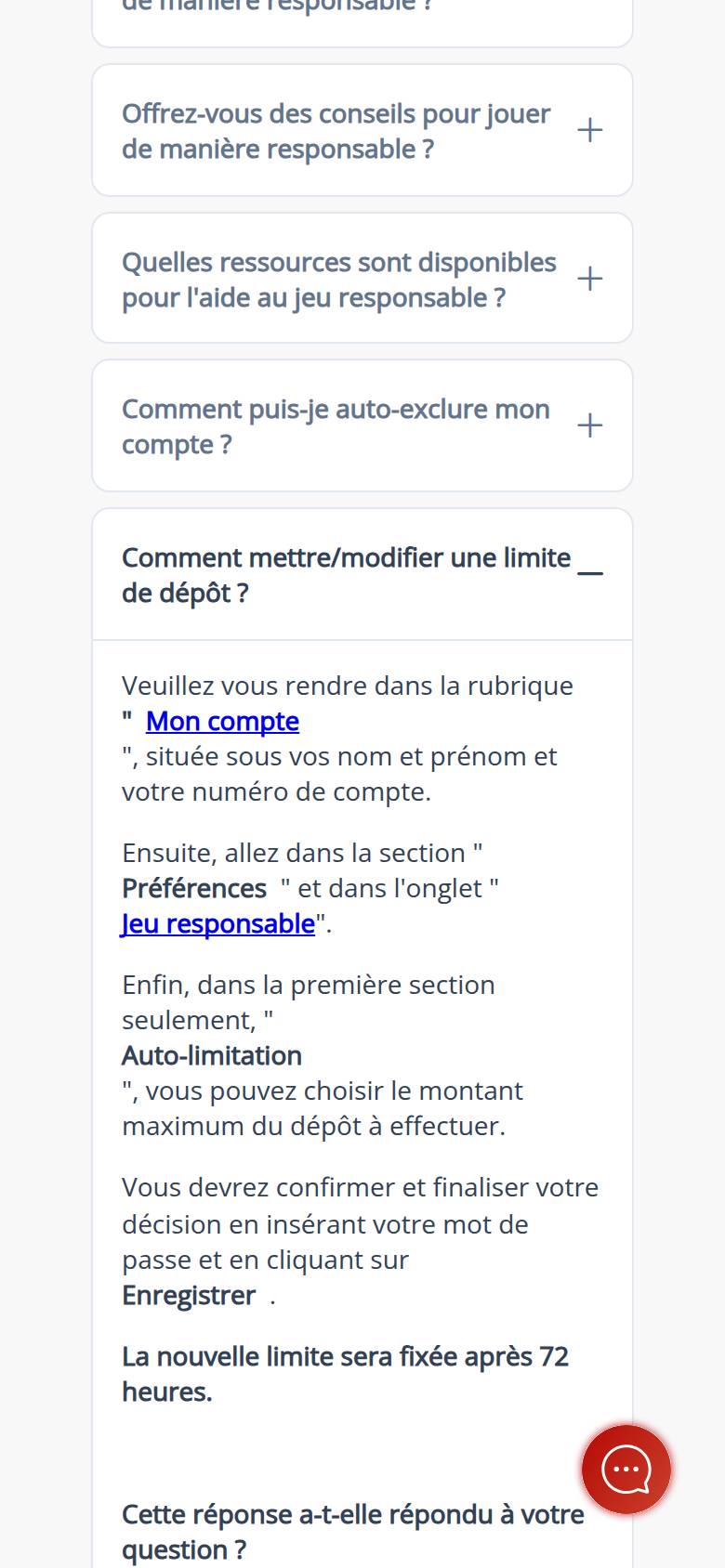 Centre d'aide de Ladbrokes Casino sur téléphone : réponse à la question sur la limite de dépôt, avec le chemin Mon compte, Préférences, Jeu responsable et le délai de 72 heures