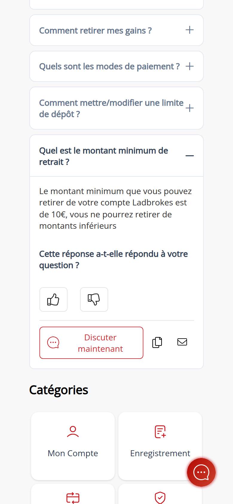 Centre d'aide de Ladbrokes Casino sur téléphone : rubrique Dépôt et retraits, réponse indiquant un montant minimum de retrait de 10 euros