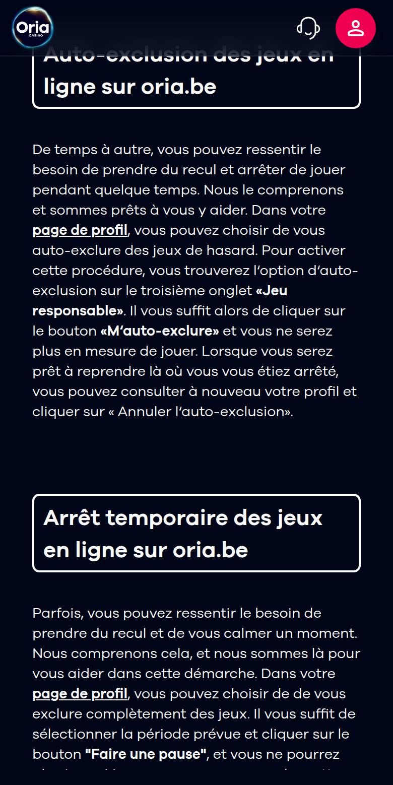 Page jeu responsable d'Oria sur téléphone : rubriques auto-exclusion depuis la page de profil et arrêt temporaire avec le bouton Faire une pause