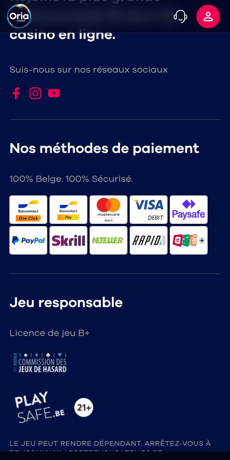 Pied de page d’Oria sur téléphone : logos de paiement Bancontact, Mastercard, Visa, Paysafe, PayPal, Skrill, Neteller et Rapid Transfer, puis la mention Licence de jeu B+