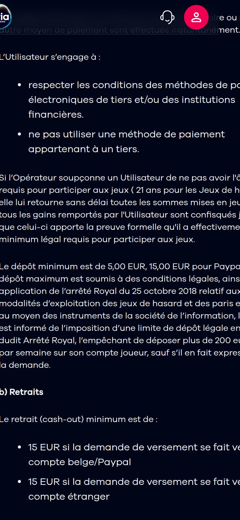 Article 3.4.2 des conditions générales d'Oria sur téléphone : dépôt minimum de 5 euros, 15 euros pour PayPal, limite légale de 200 euros par semaine et retrait minimum de 15 euros