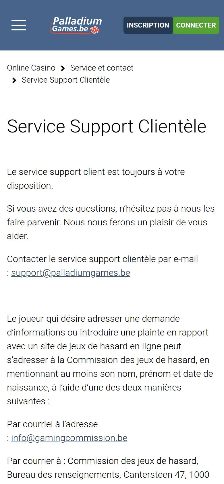 Page du service support clientèle de Palladiumgames sur téléphone, avec l'adresse e-mail du support et le contact de la Commission des jeux de hasard