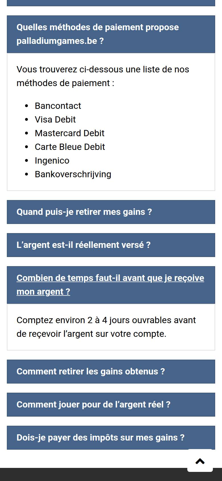 FAQ de Palladiumgames sur téléphone : liste des méthodes de paiement et délai de réception de 2 à 4 jours ouvrables