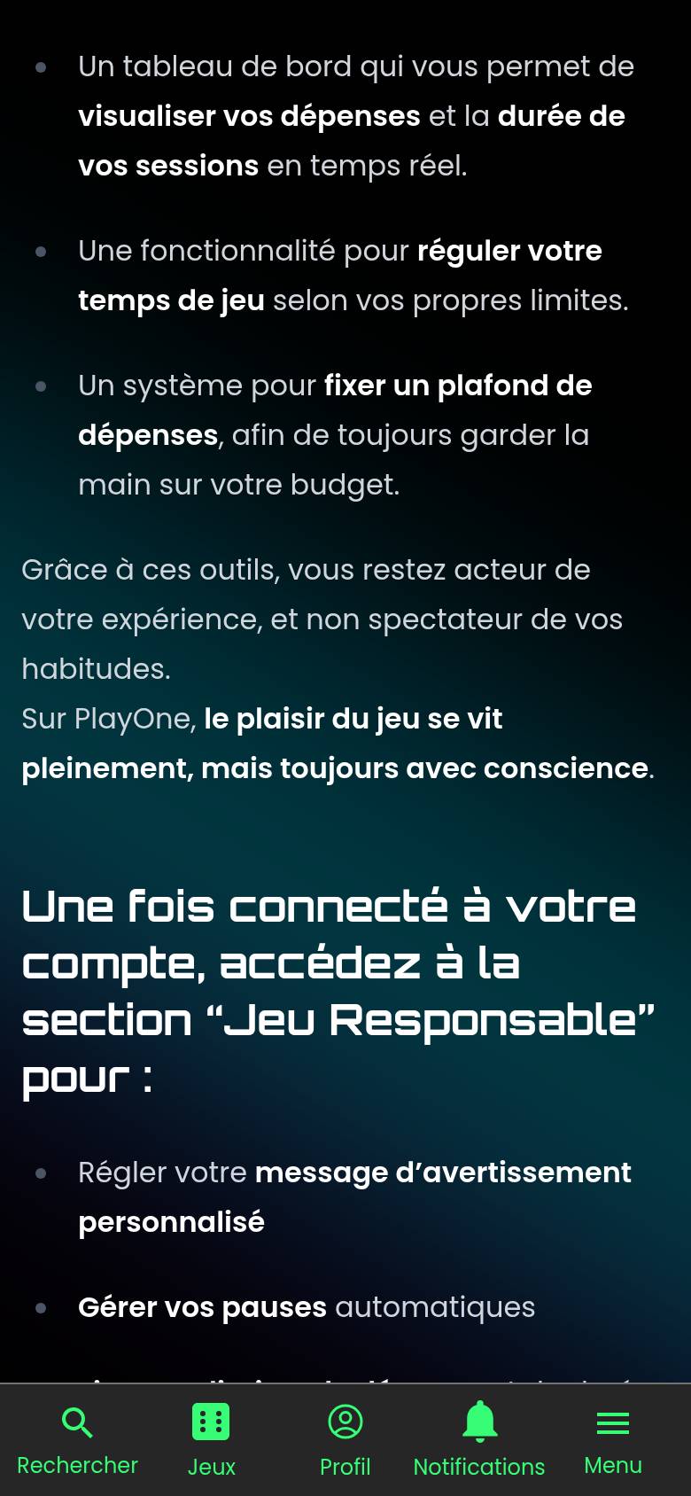 Page jeu responsable de PlayOne sur téléphone : tableau de bord des dépenses, réglage du temps de jeu et plafond de dépenses
