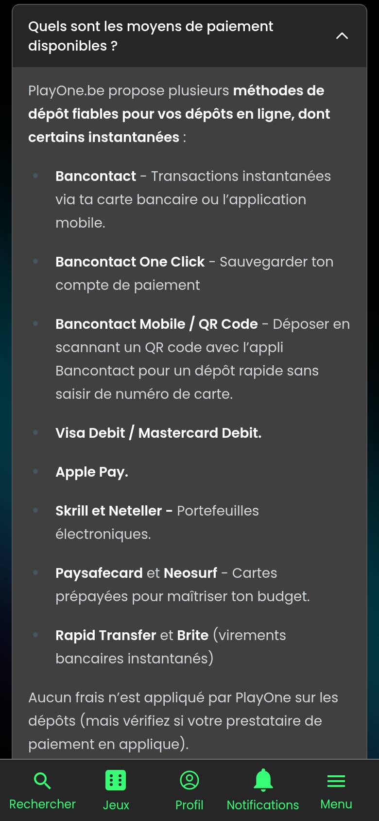FAQ de PlayOne sur téléphone : liste des moyens de dépôt, de Bancontact aux virements Rapid Transfer et Brite