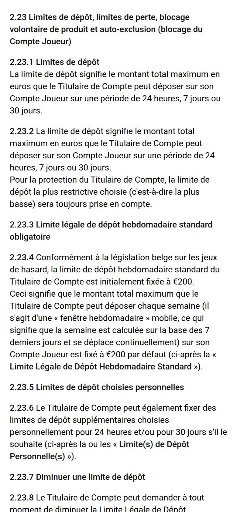 Article 2.23 des conditions générales d'Unibet Casino sur téléphone : limites de dépôt sur 24 heures, 7 ou 30 jours et limite légale hebdomadaire de 200 euros