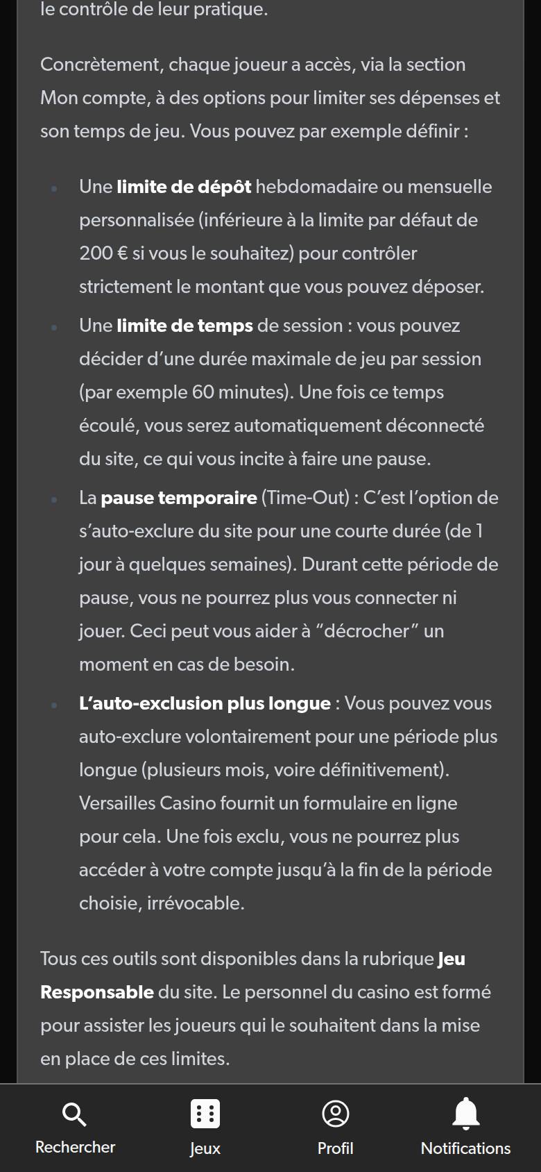 FAQ de Versailles Casino sur téléphone : outils de limite de dépôt, de temps de session, de pause et d'auto-exclusion