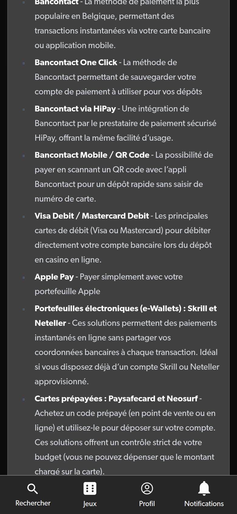 FAQ de Versailles Casino sur téléphone : liste des moyens de dépôt, de Bancontact aux cartes prépayées