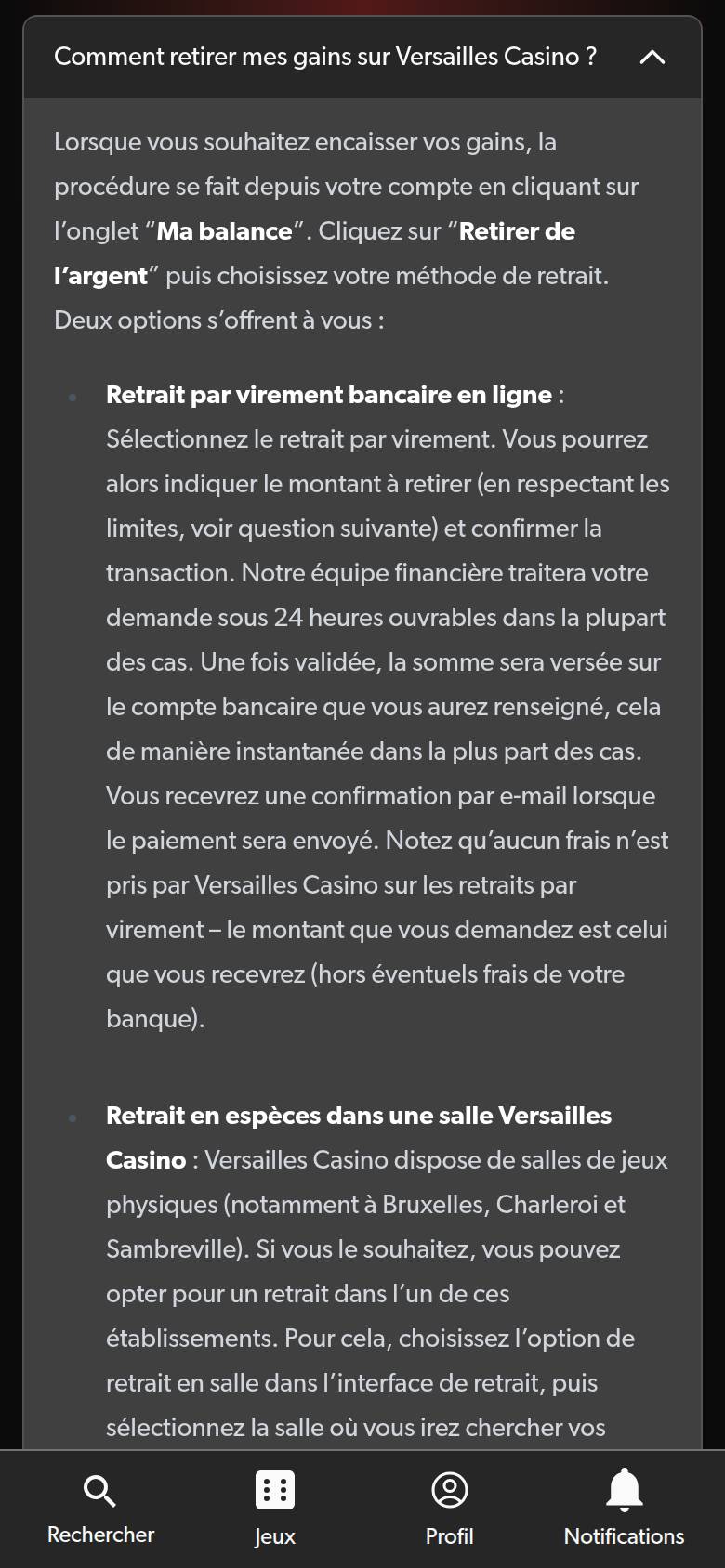 FAQ de Versailles Casino sur téléphone : procédure de retrait par virement et retrait en espèces dans une salle