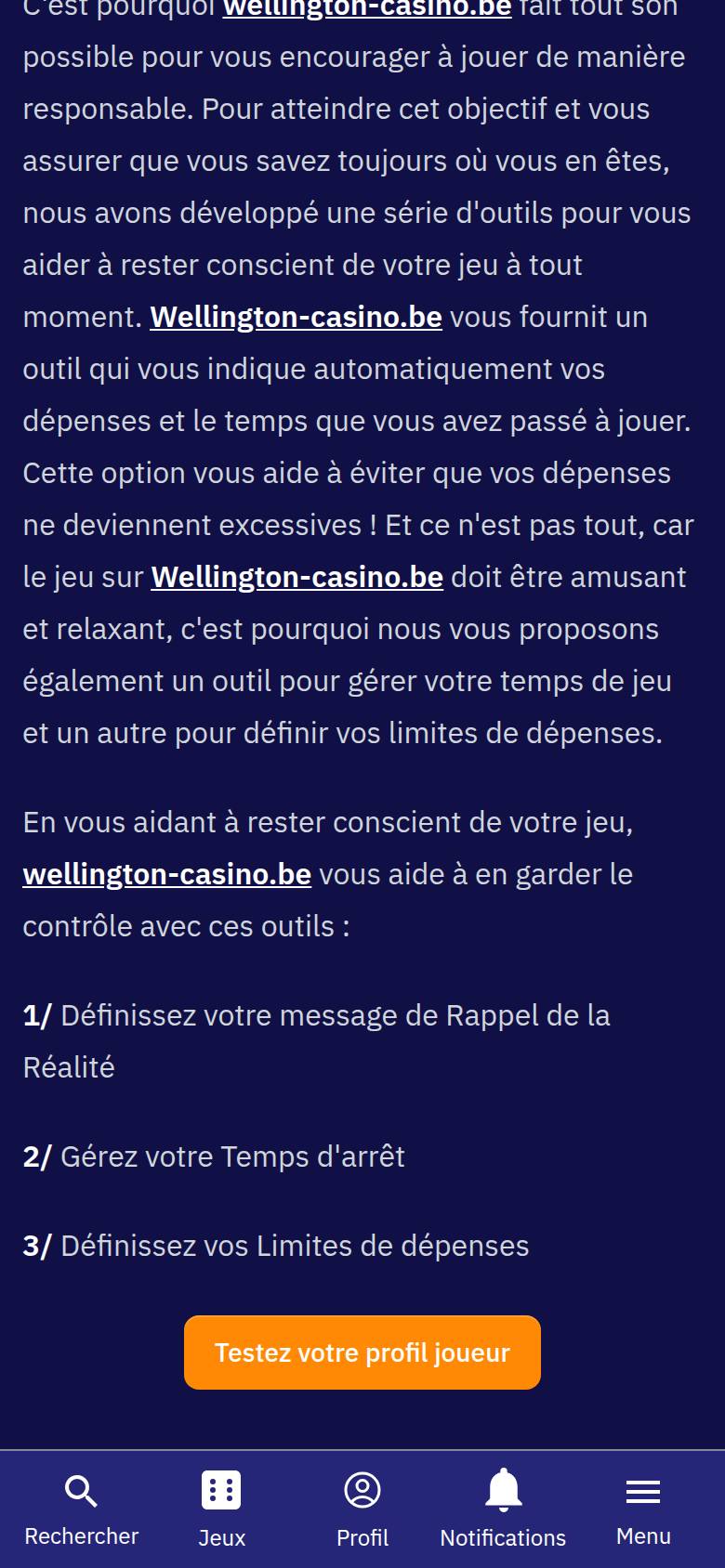 Page de jeu responsable de Wellington Casino sur téléphone : rappel de la réalité, temps d'arrêt et limites de dépenses