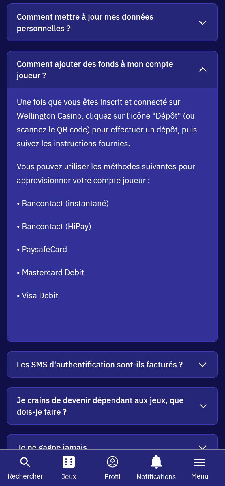 FAQ de Wellington Casino sur téléphone : liste des cinq moyens de dépôt, de Bancontact à Visa Debit