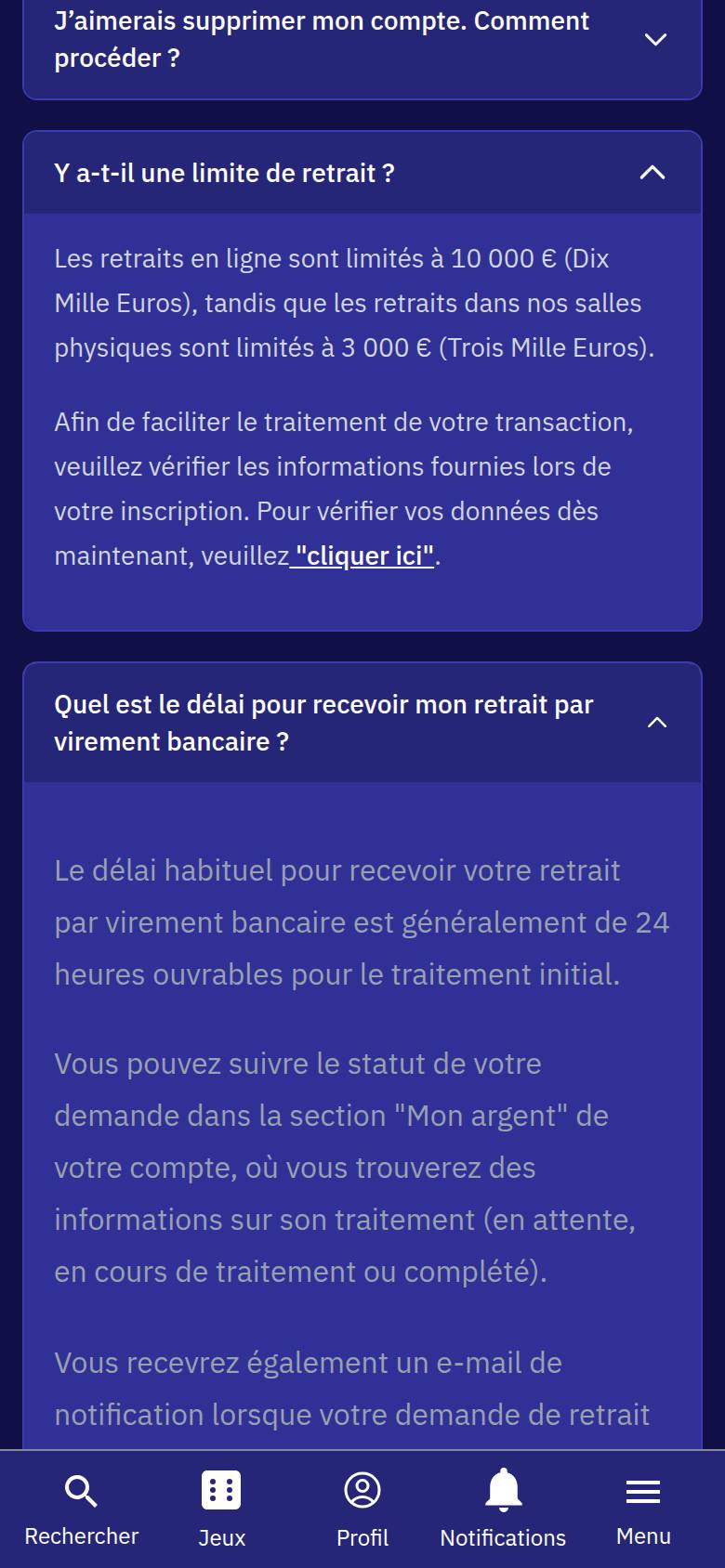 FAQ de Wellington Casino sur téléphone : plafonds de retrait en ligne et en salle, et délai d'un virement